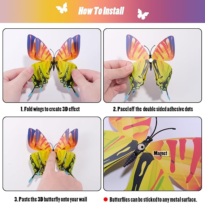 SAOROPEB 3D Butterfly Wall Decor, 72 Pcs Double Layer Butterfly Decorations for Party Decorations Locker Decor Refrigerator Decal, Reusable (Multicolor)