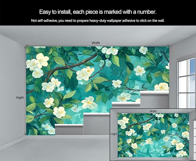 Jasmine Blossom Wall Mural, Elegant Floral Landscape 3D Wall Murals, Nature Turquoise Botanical Wallpaper Mural, for Living Room Bedroom Large Wallpaper Indoor Decor 59" W x39.4 H
