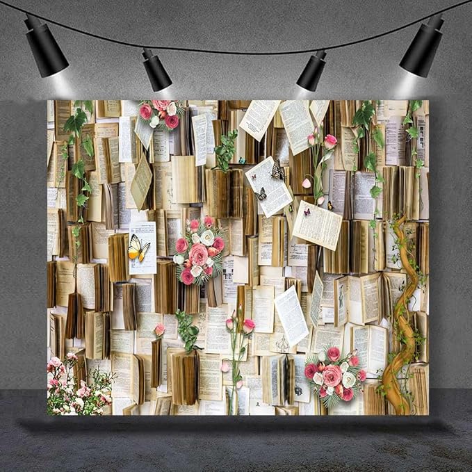 10x10ft Books Background Books Pages Pink and White Flowers Vintage Party Backdrop Princess Birthday Party Cake Table Decorations Photoshoot Backdrops KUBDJ736