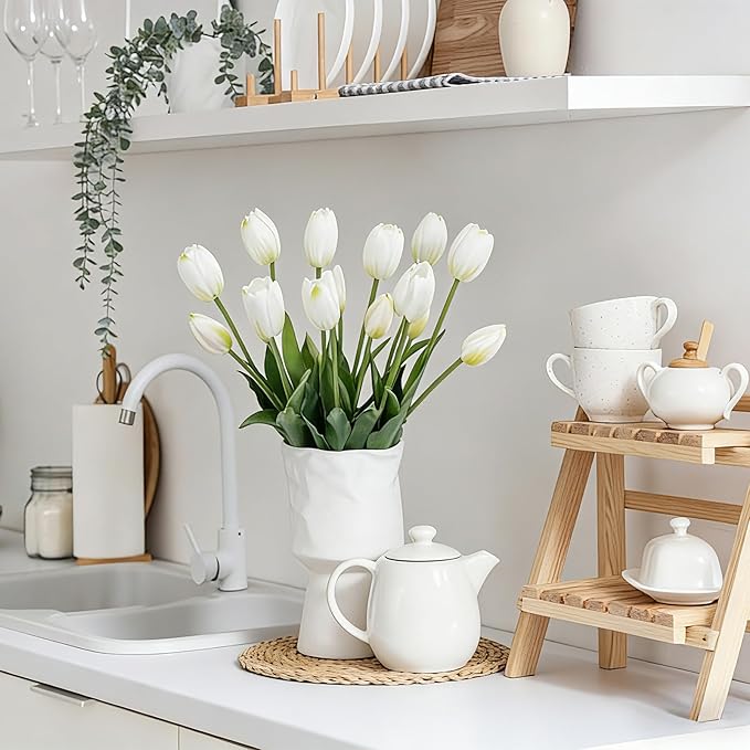15 Pcs White Artificial Flowers Tulips Real Touch Latex Plastic Soft Faux Bouquets for Party, Wedding, Home, Room, Garden Decor