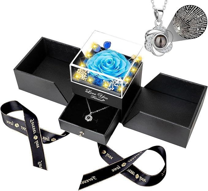 Preserved Blue Real Rose-Eternal Flowers Rose Gifts for Mom Grandma Wife Girlfriend on Mothers Day Birthday Valentines Christmas Anniversary Romantic Gifts for Her with I Love You Necklace