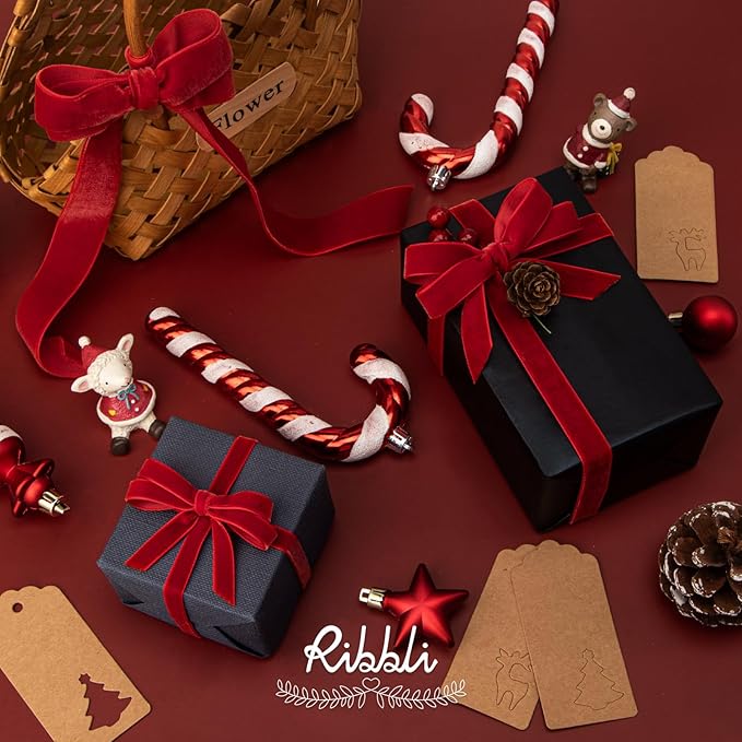 Ribbli Red Velvet Ribbon 1 Inches Continuous 25 Yard Spool Red Christmas Ribbon for Gift Wrapping Crafts Home Decor