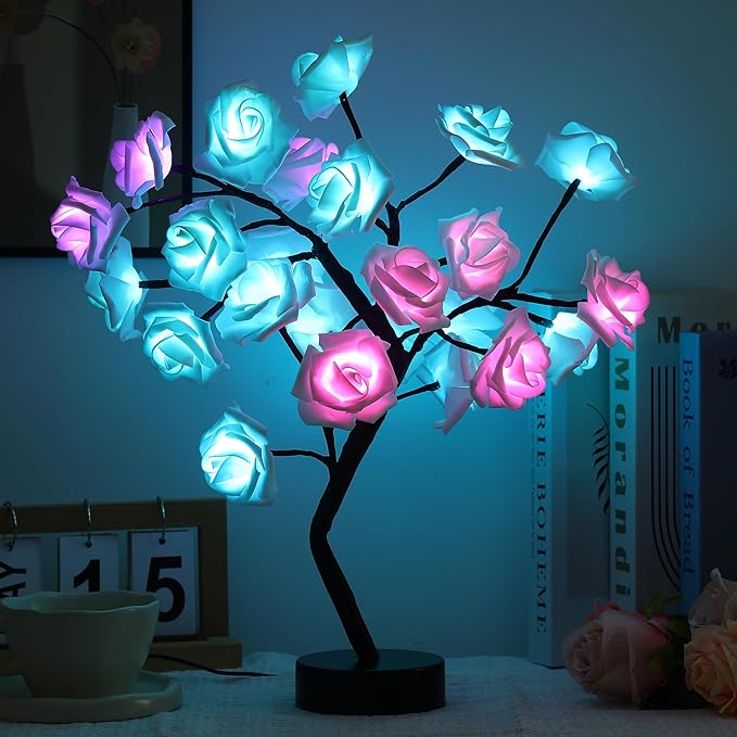 Rose Flower Tree Lamp - LED Rose Tree Table Lamp USB/Battery Powered Artificial Bonsai Flower Night Light for Bedroom Living Room Party Wedding Valentines Mothers Day Decor (White)