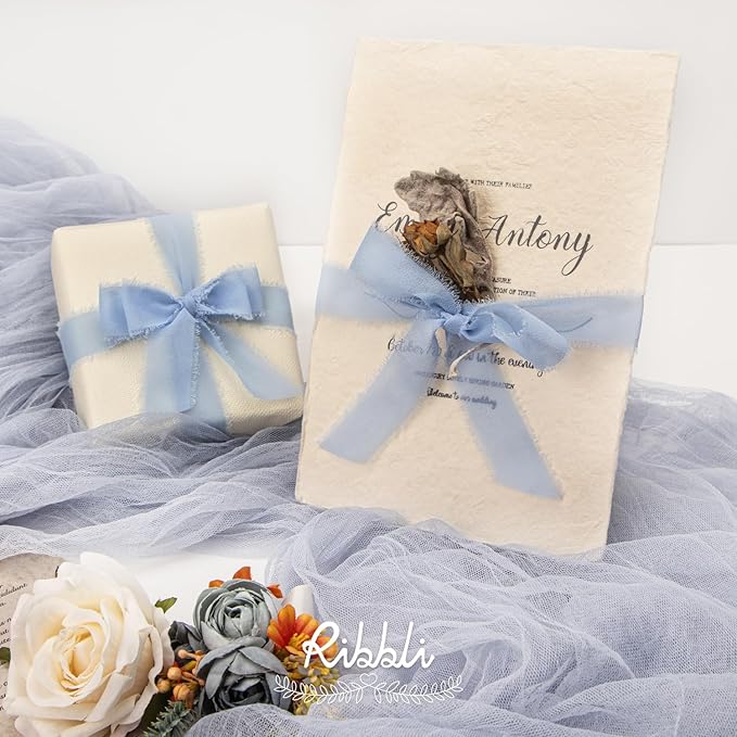 Ribbli Light Dusty Blue Ribbon 1 Inch x 3 Rolls Total 24 Yards Light Blue Handmade Fringe Chiffon Silk Ribbon for Wrapping Wedding Invitations Bridal Bouquets DIY Crafts Home Decor