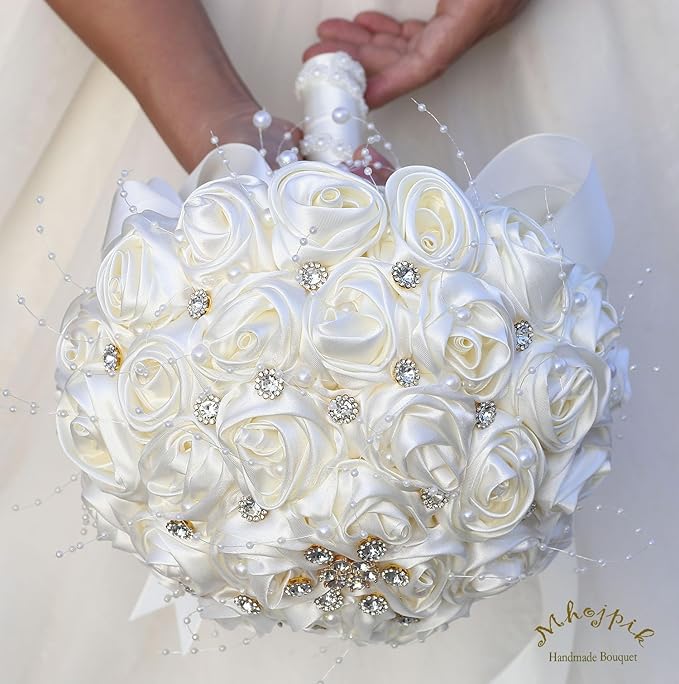 Bridal Wedding Bouquet Round Bling Brooch Bouquet Throw Toss Artificial Rose Flower Bunch for Bride Bridesmaid Wedding Quinceanera(Ivory, 9.8")