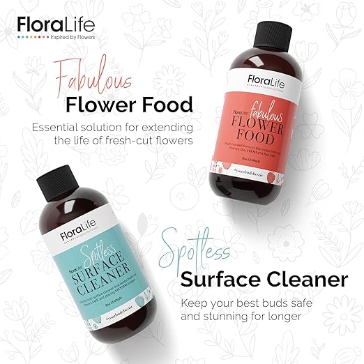 FloraLife Flower Food & Surface Cleaner - Nutrition Solution & Vase and Tool Cleaning Set - 2 X 8oz