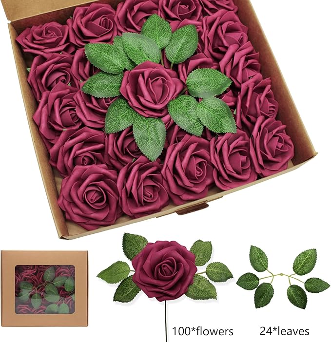 Artificial Roses Flowers 100pcs Wine Red Real Looking Foam Fake Roses with Stems for DIY Wedding Bouquets Bridal Shower Centerpieces Party Decorations (100, Wine Red)