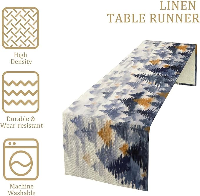Watercolor Blue Pine Trees Table Runner, Forest Woodland Tabletop Scarf Home Kitchen Holiday Decor, Seasonal Farmhouse Rustic Dining Decorations Party Supply 13 X 120 Inch