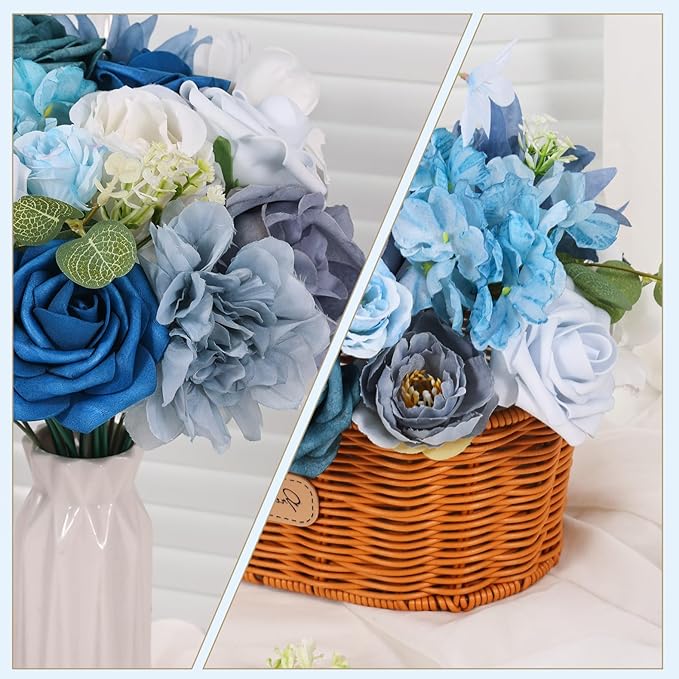 Artificial Flowers Combo Box Blue Dusty Blue Artificial Flowers for DIY Tables Centerpieces Baby Shower Bridal Shower Wedding Bouquet Arrangements Decor