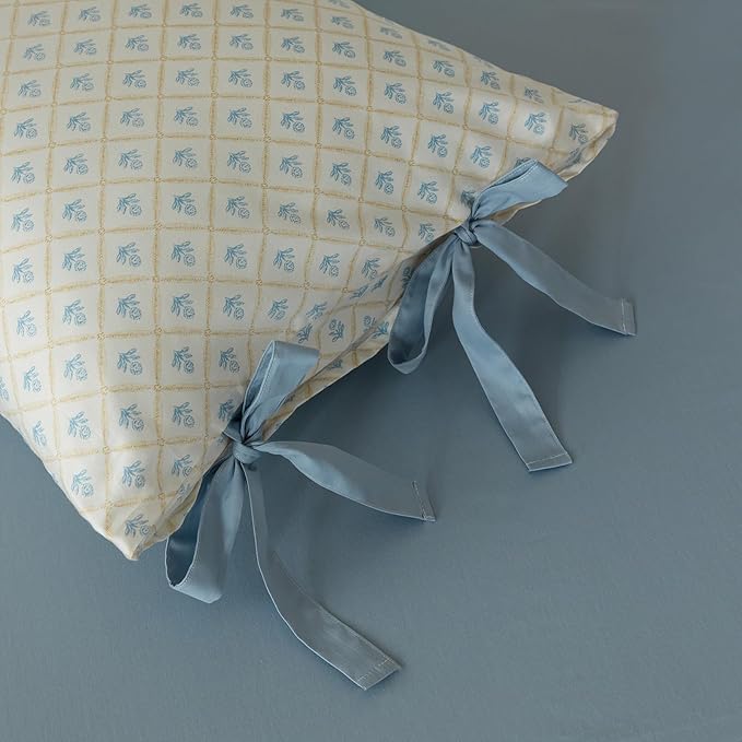 VM VOUGEMARKET Blue Flower Comforter Set Twin White Blue Grid Comforter with 2 Bow Ties Pillowcases Cute Botanical Cottagecore Bedding Sets for Teen Girls-Twin XL