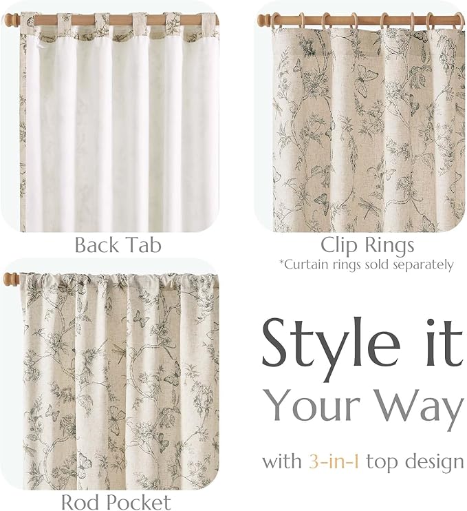 jinchan Floral Curtains Lined Linen Blend Curtain for Living Room 96 Inch Length Grey Flower Farmhouse Curtains French Country Gray Patterned Curtain Drapes Back Tab Rod Pocket 2 Panels