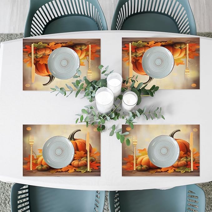 Thanksgiving Fall Pumpkin Placemats Set of 6 PVC Vinyl Non Slip Table Mats Heat Resistant Place Mats Washable Wipeable Dining Table Mat for Kitchen Decor Party Indoor Outdoor Decorative Gift