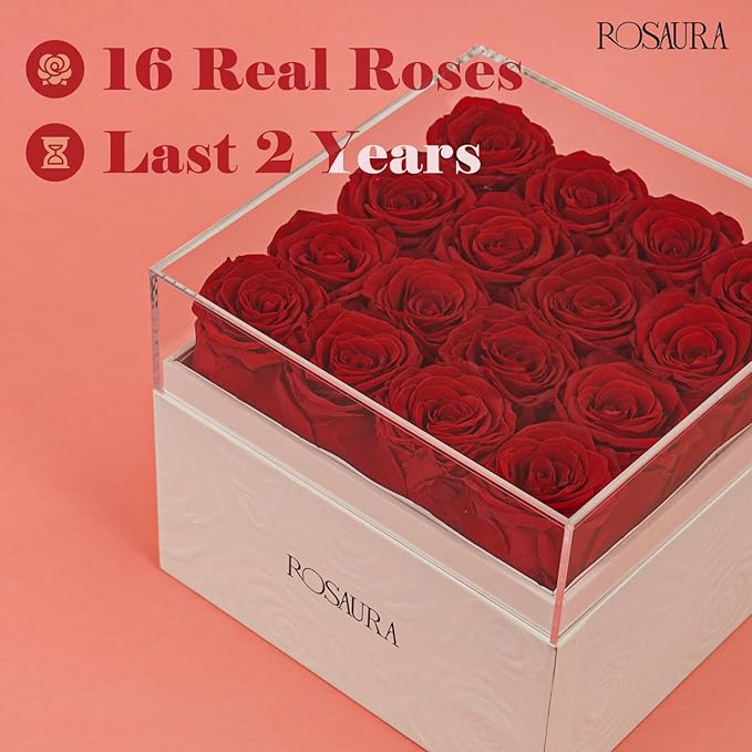 Rosaura Square Preserved Roses Gift Box - Real Forever Flowers in Clear Acrylic Lid, Valentine's for Women (red, 16 Roses)
