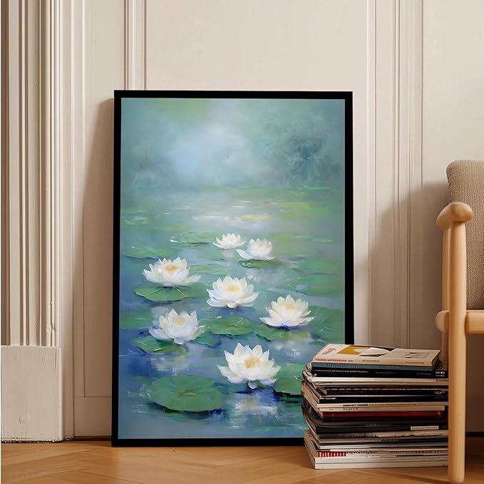 Zen wall art Delicate white lotus flower floating on calm water Vintage oil painting print Serene aquatic wall art creates a tranquil home decor 24x36in Metal blackFramed