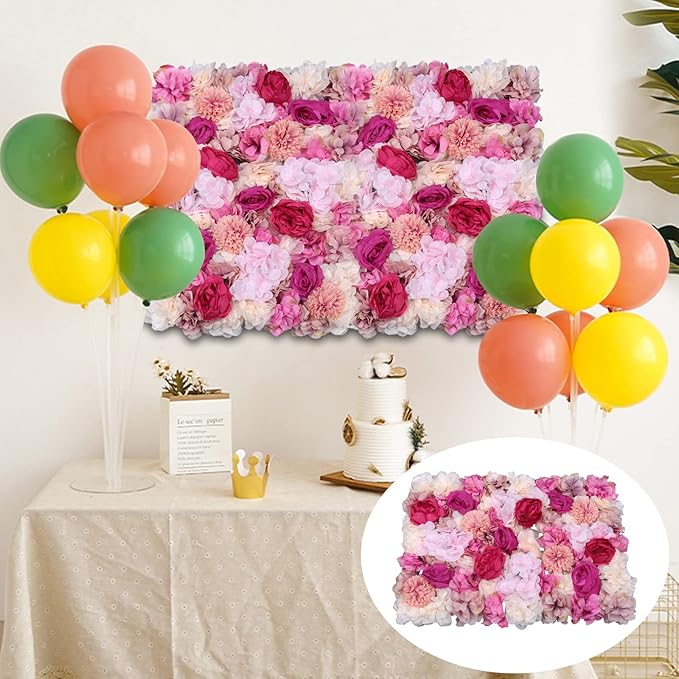 JJIESHENG Flower Wall Panels 3D Flower Wall Backdrop, 6Pcs Flower Wall Backdrop Floral Wall Artificial Flower Background Silk Rose Decor Faux for Wedding Home Decoration (Fuchsia, 23.6 * 15.7in)