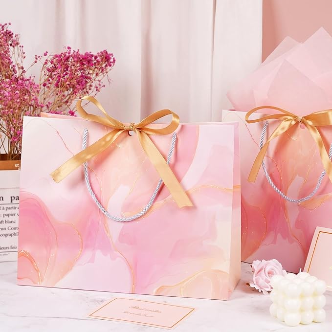 MAMUNU Pink Gift Bags, 2PCS 13” Large Gift Bags with Tissue Paper and Greeting Cards, Gift Bag with Handles Bow for Women Girls, Pink Gift Bags for Birthday Wedding Bridal Baby Shower Anniversaries