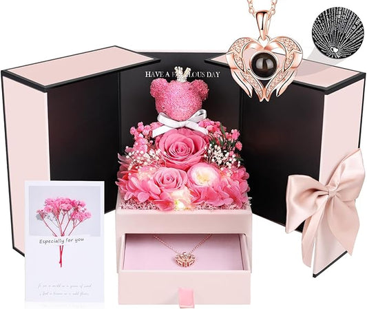 Gifts for Mom Grandma Christmas Birthday Preserved Flowers Roses with Heart Necklace Fresh Flowers for delivery Prime Eternal Forever Flower Box Xmas Gifts for Women Mother Her Wife from Daughter