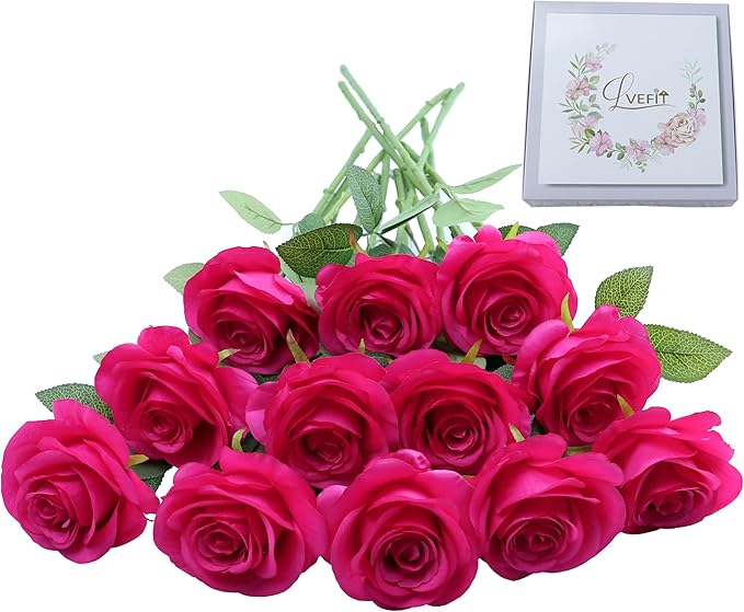Artificial Rose Flower Artificial Flowers Flower with Long Stem Silk Roses Bouquet for Wedding Bridal Shower Party Home Decoration (Hot Pink, 12 Pcs)