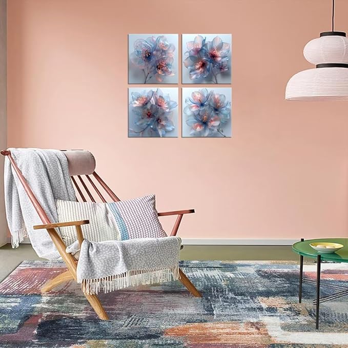 Pankila Abstract Flower Wall Art Blooming Flowers Pictures Canvas Prints Blue Pink Flower Wall Decor for Living Room Bedroom Bathroom Home Decorations Painting Framed Artwork (16''W x 16''H x 4)