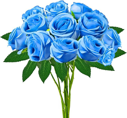Blue Artificial Roses with Long Stems, 12Pcs Realistic Roses Artificial Flowers, Faux Roses | Bulk Fake Flowers for Home Decor, Wedding Party Table Centerpieces, DIY Bouquet
