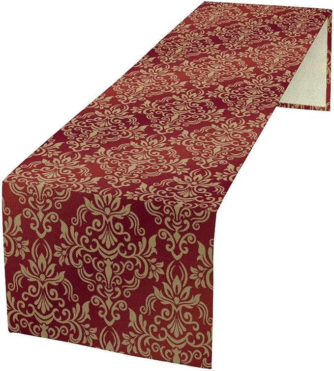 Red Damask Table Runner,Gothic Antique Victorian Floral Boho Table Runner for Home Kitchen Table Dining Garden Farmhouse Wedding Party Decor 13x120 Inch