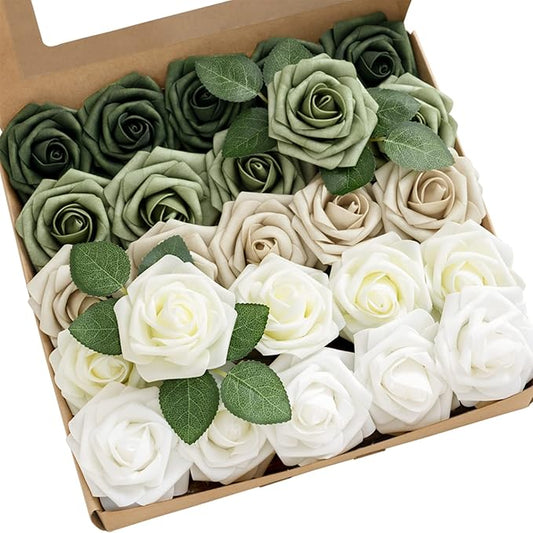 Ling's moment Artificial Flowers, 50Pcs 3" Roses in Sage Shades, Realistic DIY Foam Floral Decor for Wedding Bouquets/Centerpieces, Outdoor Party Backdrops, Room/Table, and Garden/Pot Decorations