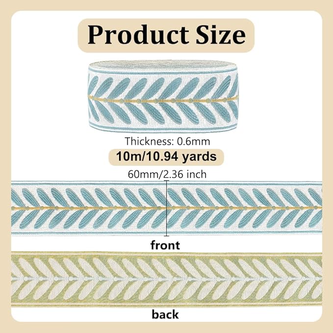 OLYCRAFT 10.9 Yards Jacquard Ribbon Trim 2.4 Inch Leaf Pattern Jacquard Polyester Ribbons Blue Leaf Jacquards Woven Embroidery Trim for DIY Sewing Crafts Handmade Bag Belts Clothing Decoration