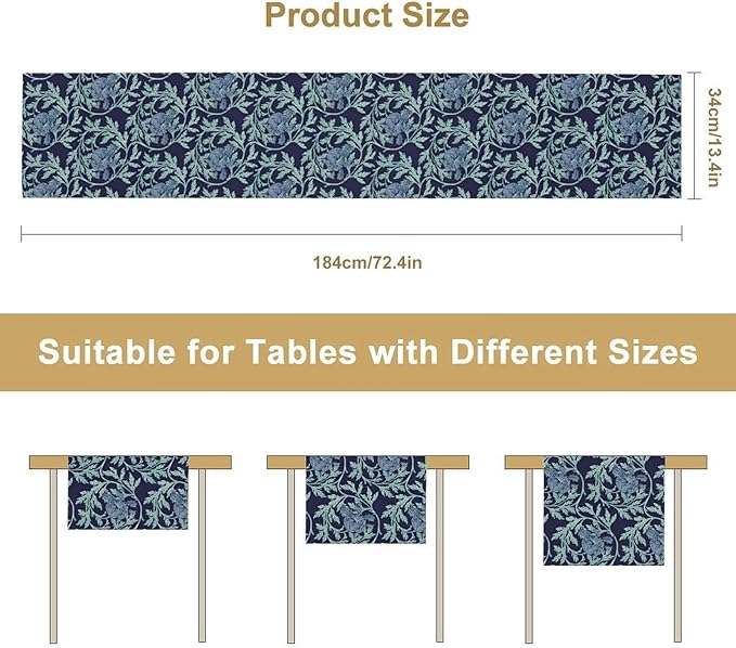 Vintage William Morris Table Runner, Retro Blue Floral Botanical Plant Farmhouse Design Table Runner for Kitchen Dining Party Holiday Decortaion, 13x70 Inch