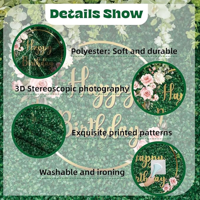 12x8ft Happy Birthday Backdrop Green Grass Flowers Wall Greenery Green Leaves Nature Botanical Photography Background Birthday Party Anniversary Portrait Studio Photo Props Polyester