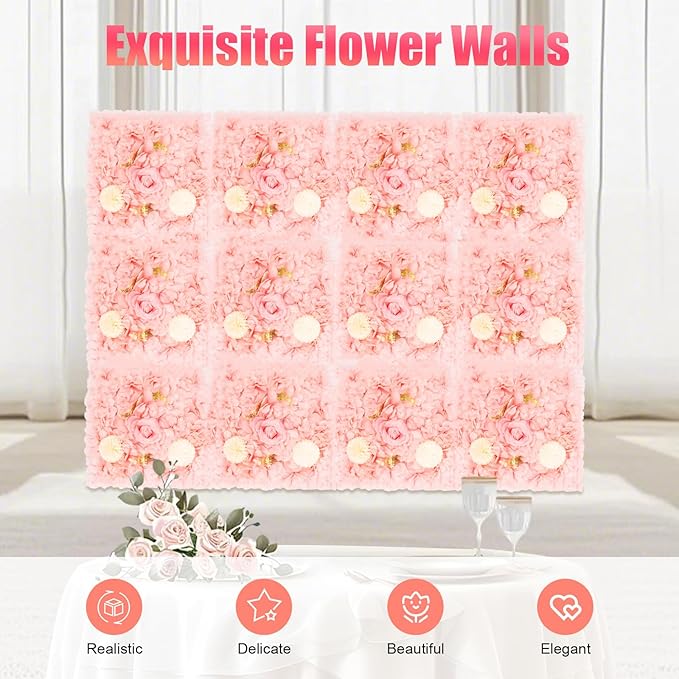 12pcs Artificial Flower Panels, 3D Floral Mat Silk Hydrangea Rose Floral Panel for Wedding Backdrop Wall Decor Shop Photo Backdrop, Festival & Event Wall Décor (15 x15in, Champagne Pink)