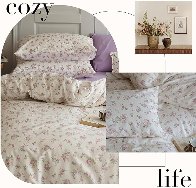 HighBuy Garden Style Floral Queen Comforter Set Lilac Floral Fluffy Soft Cute Flower Bedding Set for Girls Women Vintage Style Botanical Comforter Set,1 Queen Comforter with 2 Pillowcases