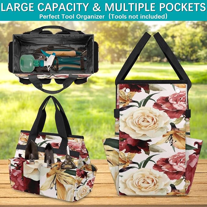 Floral Flower Pattern Garden Tool Tote Bag for Women Men Gardening Tool Storage Bags with 10 Pockets Standable Garden Home Tool Kits Organizer for Indoor Outdoor Gardening Gifts