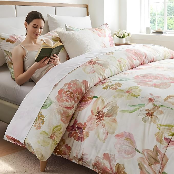 100% Cotton Duvet Cover Set Queen Size – Pink Watercolor Floral Bedding with Zipper Closure, 3-Piece Silky Soft Botanical Comforter Cover with 2 Pillowcases
