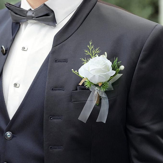 2pcs White Rose Boutonniere for Men Artificial Rose Flower for Wedding Flowers Ceremony Prom Flower (2 Boutonniere)