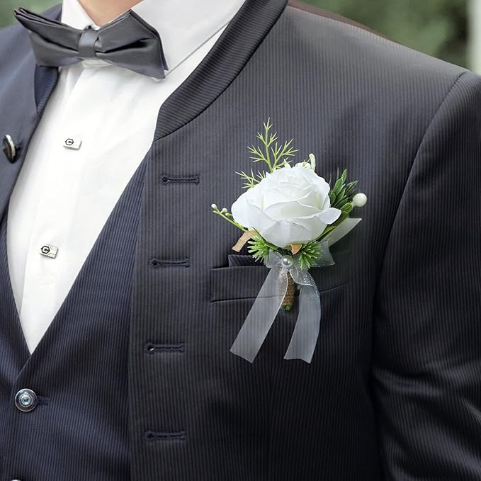 4pcs White Rose Boutonniere for Men Artificial Rose Flower for Wedding Flowers Ceremony Prom Flower (4 Boutonniere)
