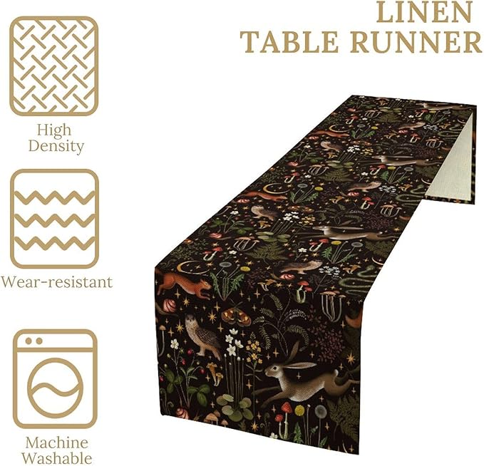 Rustic Forest Table Runner, Farmhouse Country Fairy Woodland Wild Animals Butterfly Mushroom Table Runner for Home Kitchen Dining Table Decor, 13x90inch
