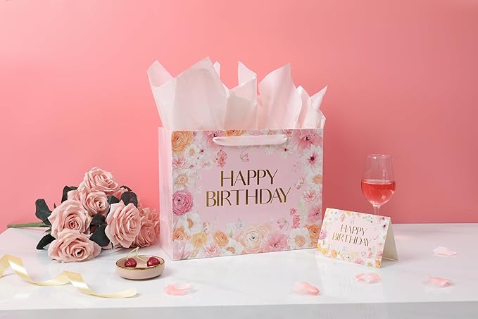 13” Large Wild Flower Gift Bag, Floral Design Happy Birthday Bag with Handles, Greeting Card, Tissue Papers for Women Girls Birthday Party Baby Shower Supplies Favors.（13in）