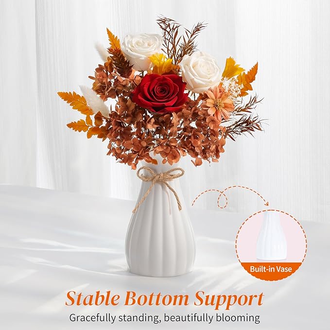 Lewondr Flower for Delivery, Preserved Flowers Bouquet, White Roses Bouquet, Real Long-Lasting Forever Birthday Flowers Gifts for Her Best Friend Mothers Day Christmas Graduation, White-Orange