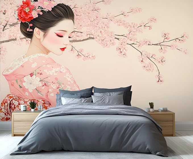 Japanese Cherry Blossom Wall Mural, Kimono Woman Geisha 3D Wall Murals, Oriental Beauty Wallpaper Mural, for Living Room Bedroom Large Wallpaper Indoor Decor 197" W x124.8 H