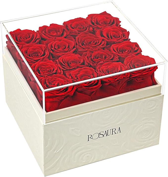 Rosaura Square Preserved Roses Gift Box - Real Forever Flowers in Clear Acrylic Lid, Valentine's for Women (red, 16 Roses)