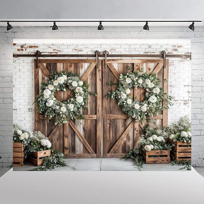 Rustic Barn Door Photography Backdrops, White Flower Wood Brown Barn Door Backdrop, Wedding Birthday Party Decors Photo Booth Props 10x8ft