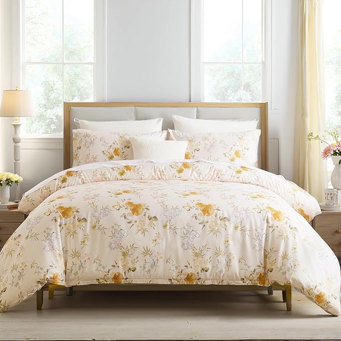 100% Cotton Duvet Cover King Size – Elegent Yellow Floral Duvet Cover Set with Zipper Closure & Corner Ties, 3-Piece Luxury & Silky Soft Bedding Set for All Seasons