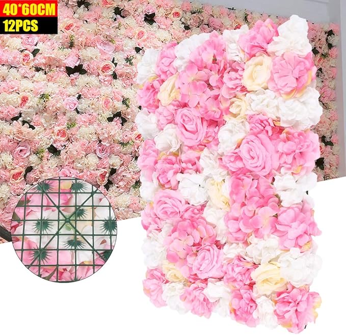 16"x 24" Artificial Flower Wall Panels,Flower Wall Mat Silk Flower Panels for Outdoor Garden Backyard Fence Fence Privacy Screen and Indoor Wall Decor(12Pcs Pink+Light Yellow+White)