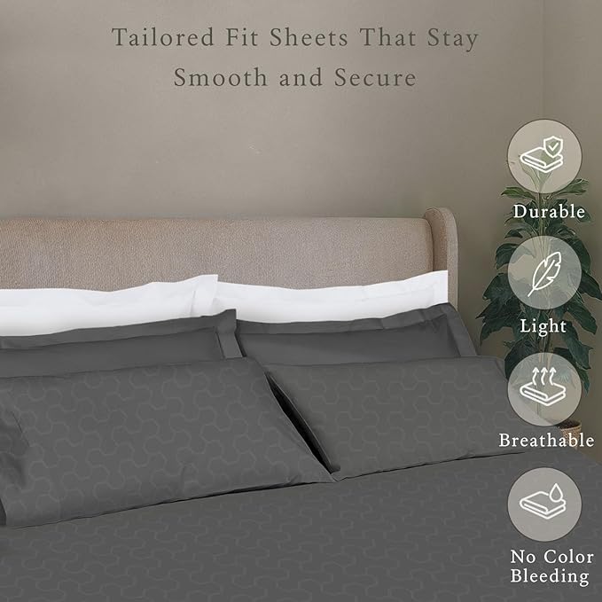 Threadmill 500 Thread Count King Size 4 Pc Luxury Cotton Bed Sheet Set, Jacquard Floria Dark Grey, Silky Soft Sheets with 16" Elasticized Deep Pocket, 2 Pillowcases & Free Tote Bag
