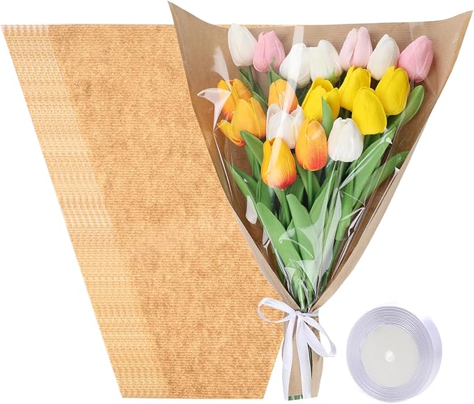 HSONAIGEE 50 Pieces Flower Bouquet Wrapping Paper, 15.8 x 13.8 x 3.9 Inch Flower Bags for Bouquets Kraft Floral Wrap Sleeves with Ribbons for Home Mother’s Day Wedding Flower Bar Supplies