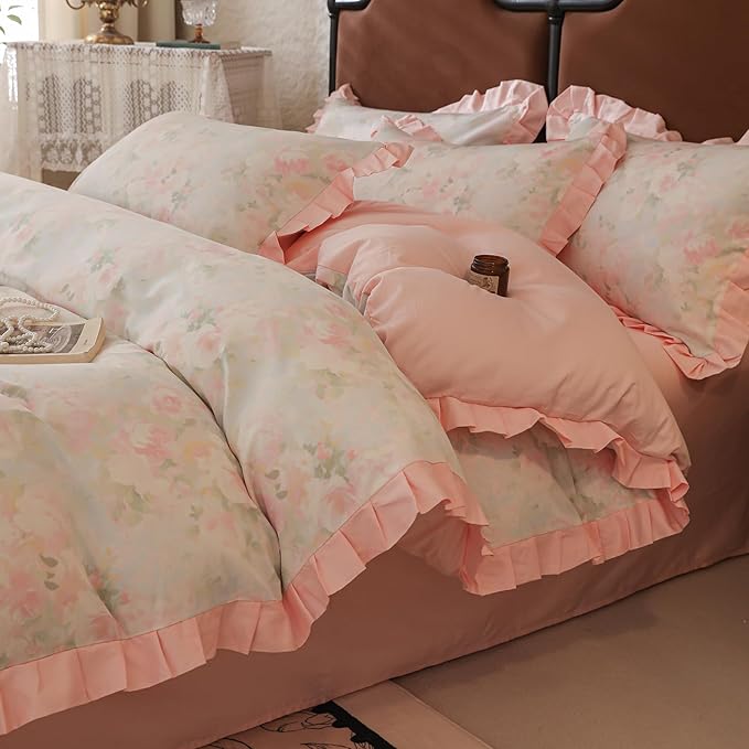 Pink Ruffle Duvet Cover Set Queen 100% Cotton Vintage Floral Comforter Cover Girls Flower Duvet Cover Romantic Princess Bedding Lace Comforter Cover with Zipper Ties Breathable Floral Bedding Queen