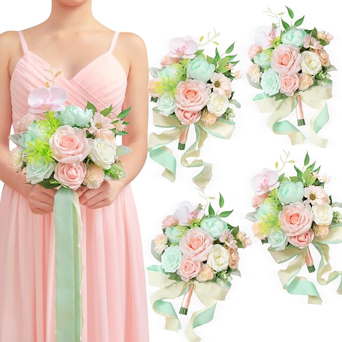 TINGE TIME 7 Inch Artificial Flowers Wedding Bouquets for Bridesmaid, Set of 4, Mint Green & Pink Bride Tossing Bouquet for Rustic Wedding Ceremony Bridal Shower Rehearsal Dinner Vintage Party