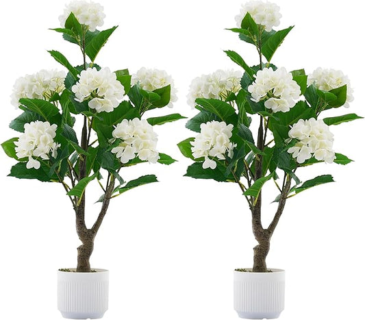 Artificial Hydrangea Tree 2 Pack, 3FT Faux Hydrangea Plant in Pot with White Flowers, Greenery Potted Plant for Indoor Outdoor Office Home Porch Decor, White
