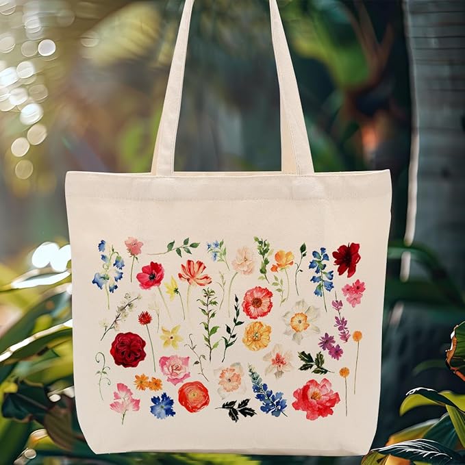 Aesthetic Floral Canvas Tote Bag for Women with Pocket, Tote Bags for Grocery Shopping Work Gym Christmas Birthday