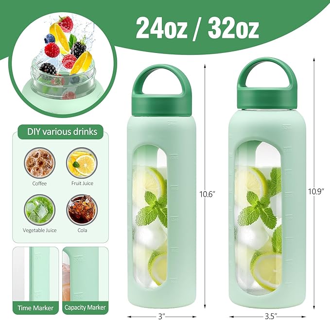 24 oz Glass Water Bottle, Glass Tumbler with Straw, Reusable Drinking Bottles with 2 Lids-Handle Lid&Bamboo Straw Lid, Silicone Sleeve, for Sports, Home,1 Pack-Mustard